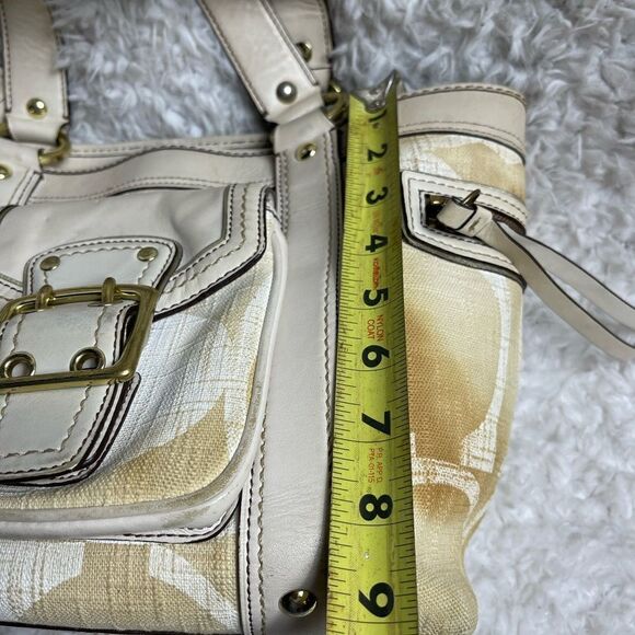 COACH LEGACY SIGNATURE  CREAM &Beige Canvas Tote #7551 leather trims & Straps. - Picture 7 of 16
